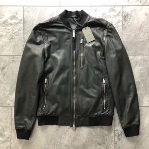NWT AllSaints Black Leather Kino Bomber Men’s Size Small